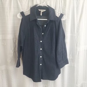 BCBG Denim Shoulder Cut Out Button Down Top